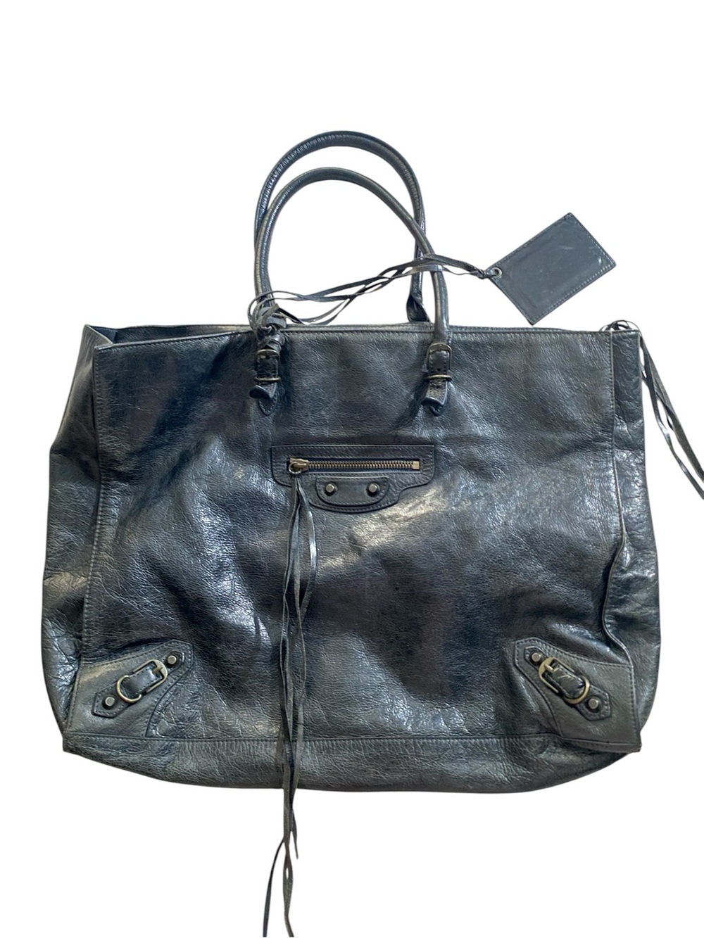 Balenciaga Papier Dark Blue Leather Tote with Signature Tassel Pull and Mirror